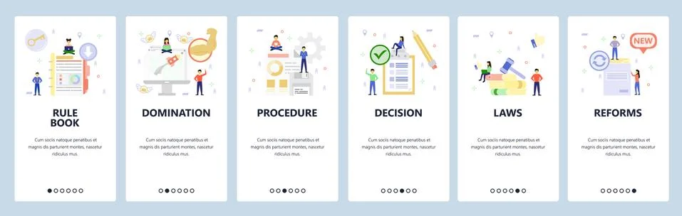 Guide manual book, law, data, business launch. Mobile app onboarding screens Stock Illustration