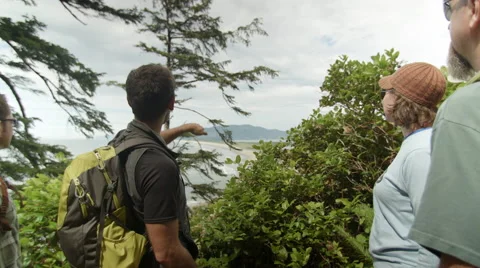 Guide Points To Pacific Ocean, Group Of Hikers Look At Scenic View Stock Footage 47966692
