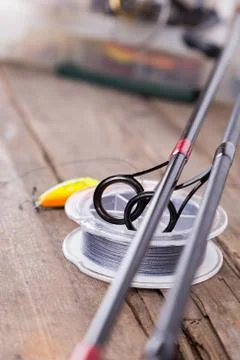 Guide rings on graphite rods and watted cord Stock Photos