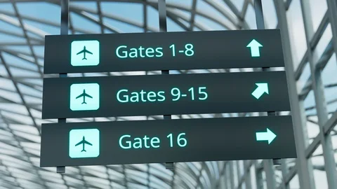 Guide sign showing way to different gates at the airport. Terminal. Blue. 4k HD Stock-Footage 126291609