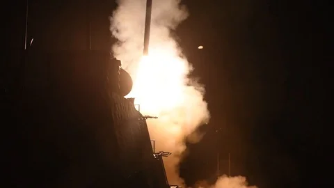 Guided-missile destroyer USS Laboon fires a Tomahawk land attack missile - 2018 Stock Footage 88624785