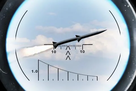 Guided missile in the sky viewed through optical guidance targeting sight. Stock-Fotos