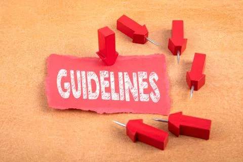 GUIDELINES. Rules, guide and recommendations concept. Red arrows with pins Stock Photos