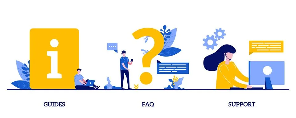 Guides, FAQ, support concept with tiny character and icons. Info center, cu.. Stock Illustration