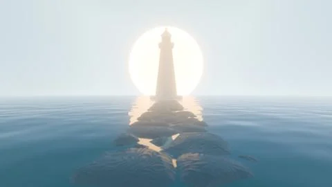 Guiding Light: A Stunning 3D Digital Art Depiction of a Lighthouse at Sunrise Stock Illustration