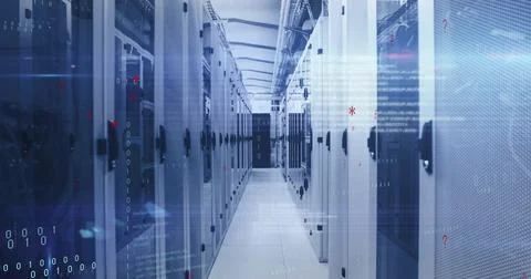 Guiding rows of server racks leading down narrow data center aisle, with LED Stock Photos