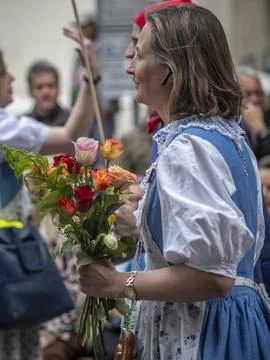Guild Members and Spectators Exchanging Flowers During Sechseluten Spring P.. Stock-Fotos