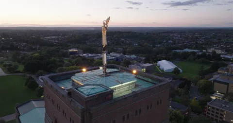 Guildford Cathedral Angel Statue Drone Aerial Sunset Stock Footage 289683534