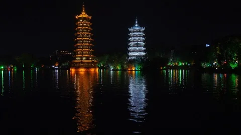 Guilin Pagodas at night Stock Footage 88225675