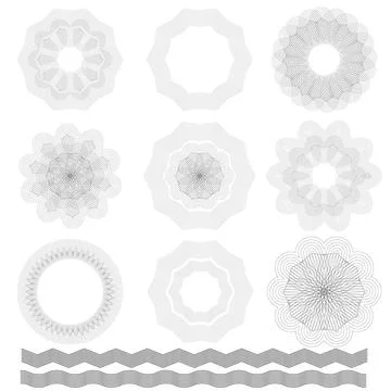 Guilloche Elements Abstract Wave Rosettes on White Background. Guilloche E... Stock Photos