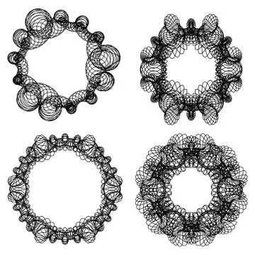 Guilloche graphic abstract circle elements, frame set in black line design, f Stock Illustration