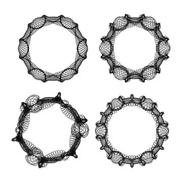 Guilloche patterns, abstract circle frame set, line art design in black land Stock Illustration