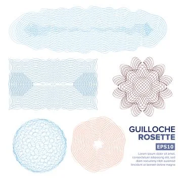 Guilloche Rosette Set Vector. Decorative Abstract Rosette Elements For Diploma Illustrazione stock