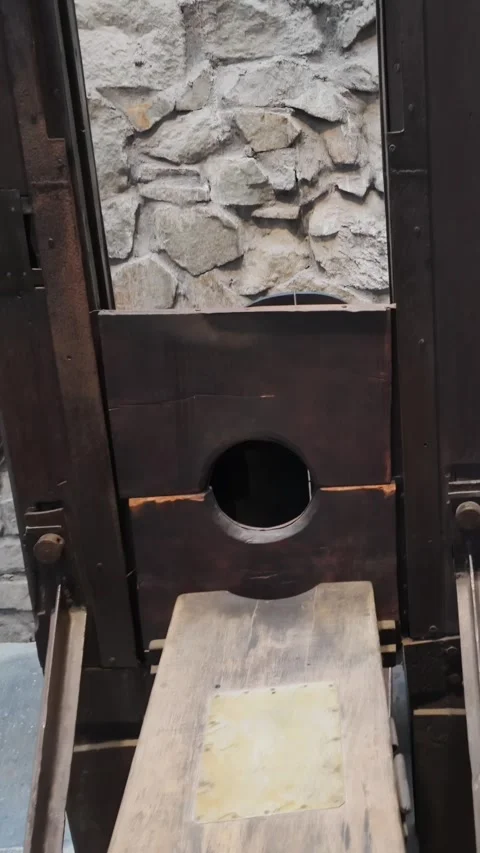 Guillotine in a stone room, at War Remnants Museum, Ho Chi Minh City, Vietnam Stock Footage 334896109