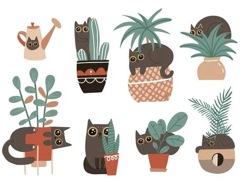 Guilty cat characters set. Cute naughty playful cats damage houseplants. Black Stock Illustration