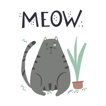 Guilty cat color flat hand drawn vector character.Quote meow handwritten letters Stock Illustration