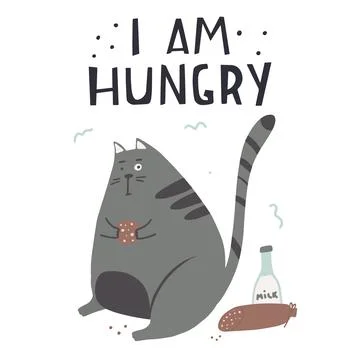 Guilty cat color flat hand drawn vector character. Quote I am hungry handwritten Stock Illustration