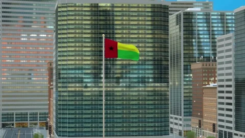Guinea Biisau Flag 3D Render Animation on Pole with Modern Business District Stock-Footage 332878151