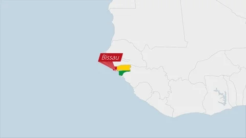 Guinea-Bissau map highlighted in Guinea-Bissau flag colors and pin of country Stock Footage 125336472