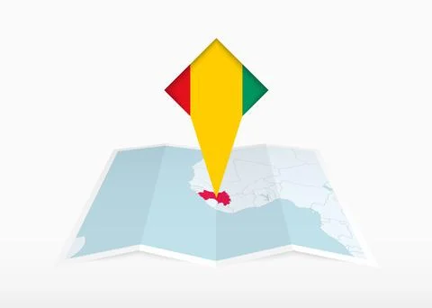 Guinea is depicted on a folded paper map and pinned location marker with fl.. Stock Illustration