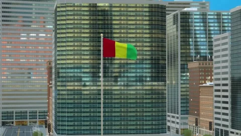 Guinea Flag 3D Render Animation on Pole with Modern Business District Buildi Video stock 332882303