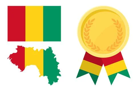 Guinea flag with map and gold medal in set for web and banners or app and gam Stock Illustration