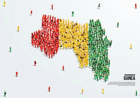 Guinea Map and Flag. A large group of people in the Guinea flag color. Stock Illustration