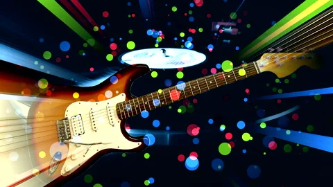 Guitar on background of vinyl record player in colored circles Stock Footage 168350520