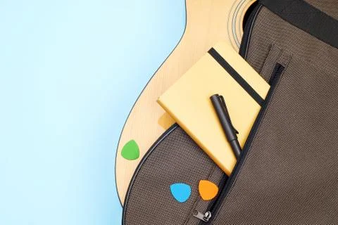 Guitar bag pocket with several objects Foto stock