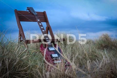 Guitar at Beach Stock Photos