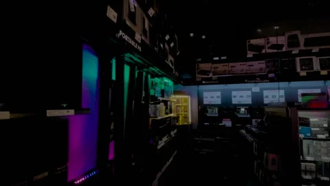 Guitar Center retail store interior colorful flashing and dancing stage light Stock Footage 170341657