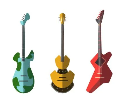 Guitar collection. Different shape acoustic and electric guitars. Isolated Stock Illustration