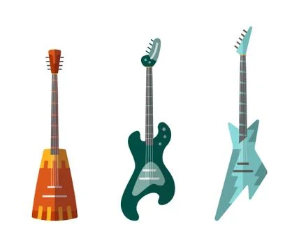 Guitar collection. Different shape acoustic and electric guitars. Isolated Stock Illustration