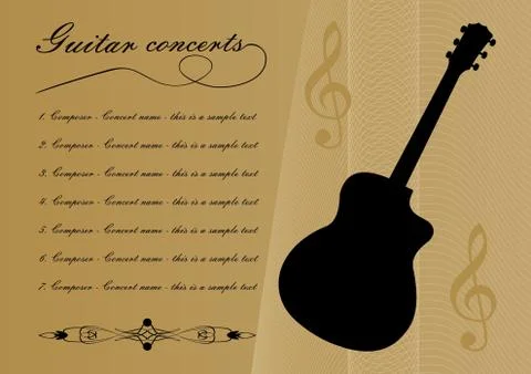 Guitar concerts program template with black guitar silhouette, sample text Stock Illustration