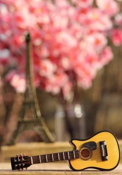 Guitar with Eiffel Tower in background Stock Photos
