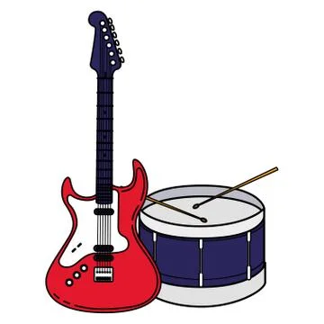 Guitar electric and drum instruments musical 库存插图