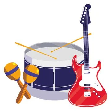 Guitar electric and drum instruments musical 库存插图