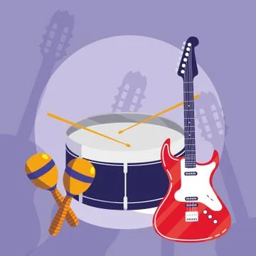 Guitar electric and drum instruments musical Stock Illustration