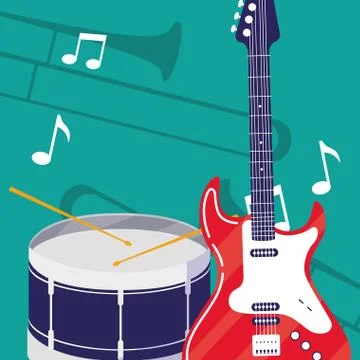 Guitar electric and drum instruments musical Stock Illustration