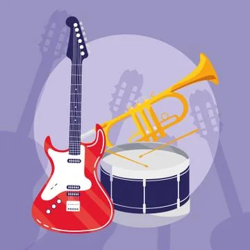 Guitar electric and drum instruments musical 库存插图