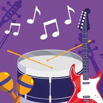Guitar electric and drum instruments musical Stock Illustration