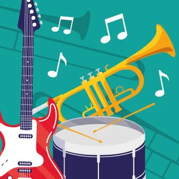 Guitar electric and drum instruments musical Stock Illustration