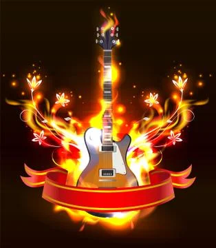 Guitar in fire flames Stock Illustration