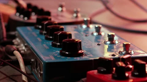 Guitar gadgets hooked up on stage before the show Stock Footage 160851317
