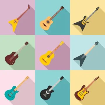 Guitar icons set, flat style Illustrazione stock