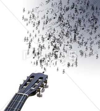 Guitar isolated on white plays with musical notes coming out oh strings Stock Illustration