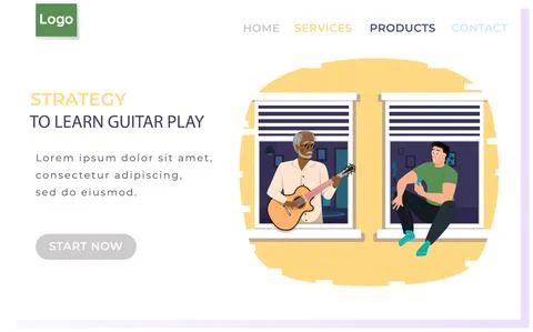 Guitar learning strategy website. Elderly man on balcony plays guitar. Teenager Illustrazione stock