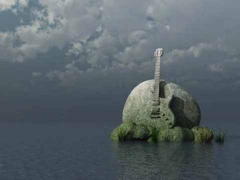 Guitar monument under dark sky - 3d illustration Ilustração Stock