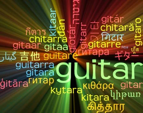 Guitar multilanguage wordcloud background concept glowing Stock Illustration