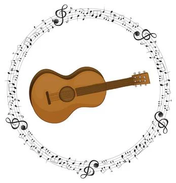 A guitar with musical notes on white background Stock Illustration
